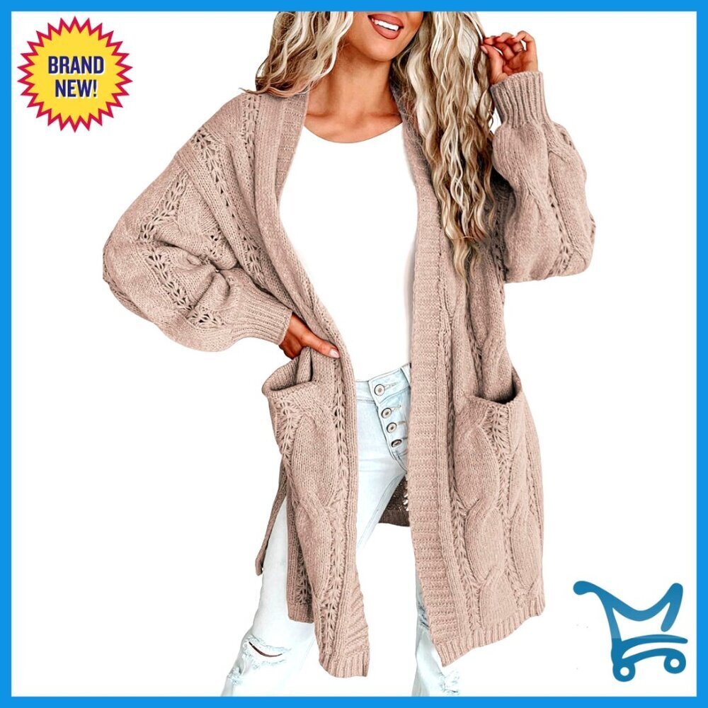 Oversized Long Cardigan Open Front Lantern Sleeves Cozy Winter Sweater with